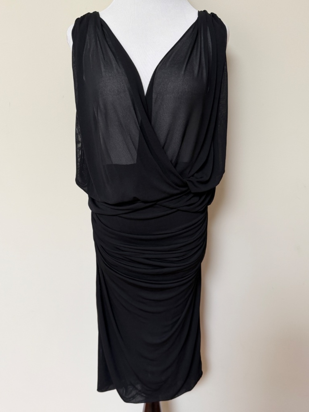 Saint Laurent YSL Black Ruched Draped Sheer Bodice Knit Jersey Sleeveless Dress